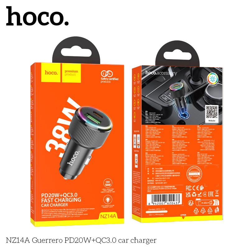 Cóc sạc nhanh 38W cho xe hơi Hoco NZ14A (1 cổng Type C PD + 1 cổng USB) đèn LED chính hãng [BH 1 năm]