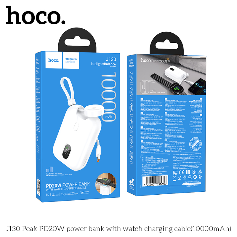 Pin sạc dự phòng Hoco J130 nhỏ gọn dung lượng 10.000mAh kèm cáp Type C, Có đèn LED chính hãng [BH: 1 NĂM]