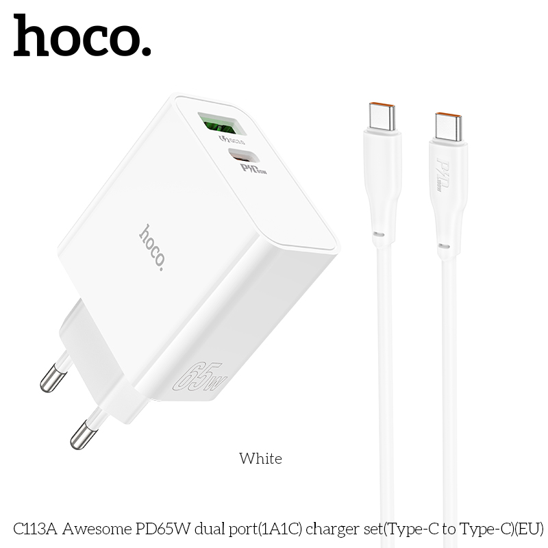 Bộ sạc nhanh 65W HOCO C113A (c-c) Type- C to Type-C Chính Hãng  [BH 1 NĂM]