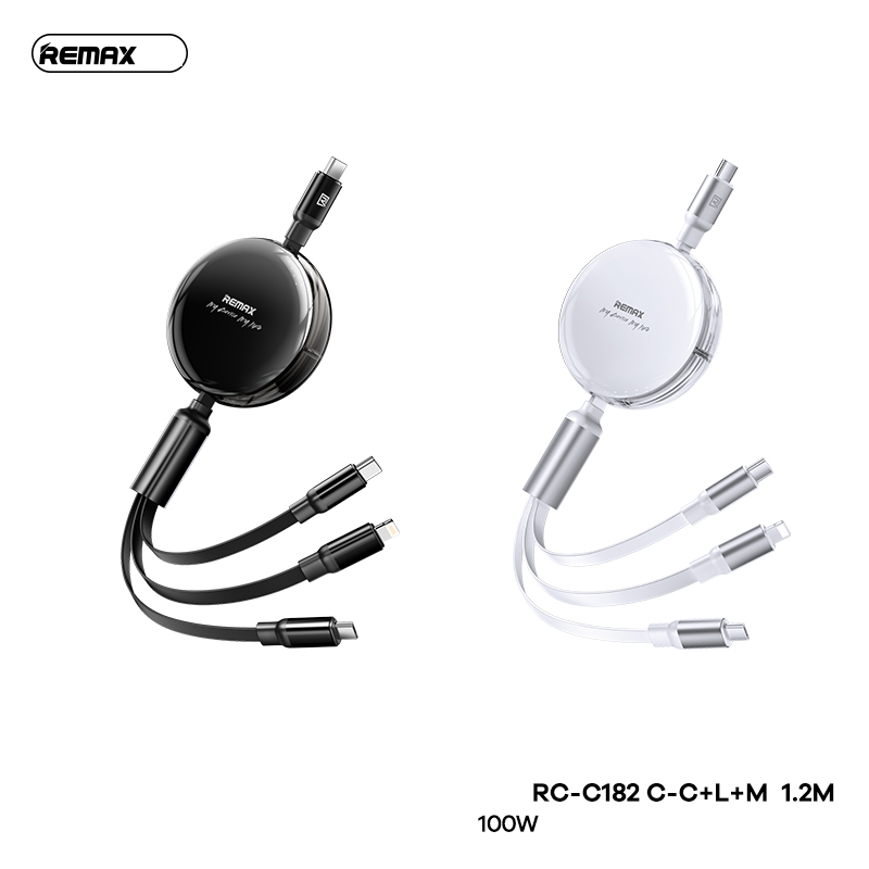 Cáp sạc nhanh dây rút 100w REMAX RC-C182 1m2 3 đầu đa năng (C-C + C-L + C-M) chính hãng [BH 1 năm]