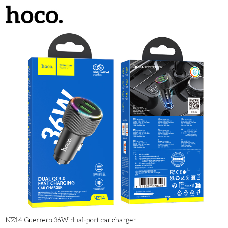 Cóc sạc nhanh 36W cho xe hơi Hoco NZ14 (2 cổng USB) đèn LED chính hãng [BH 1 năm]