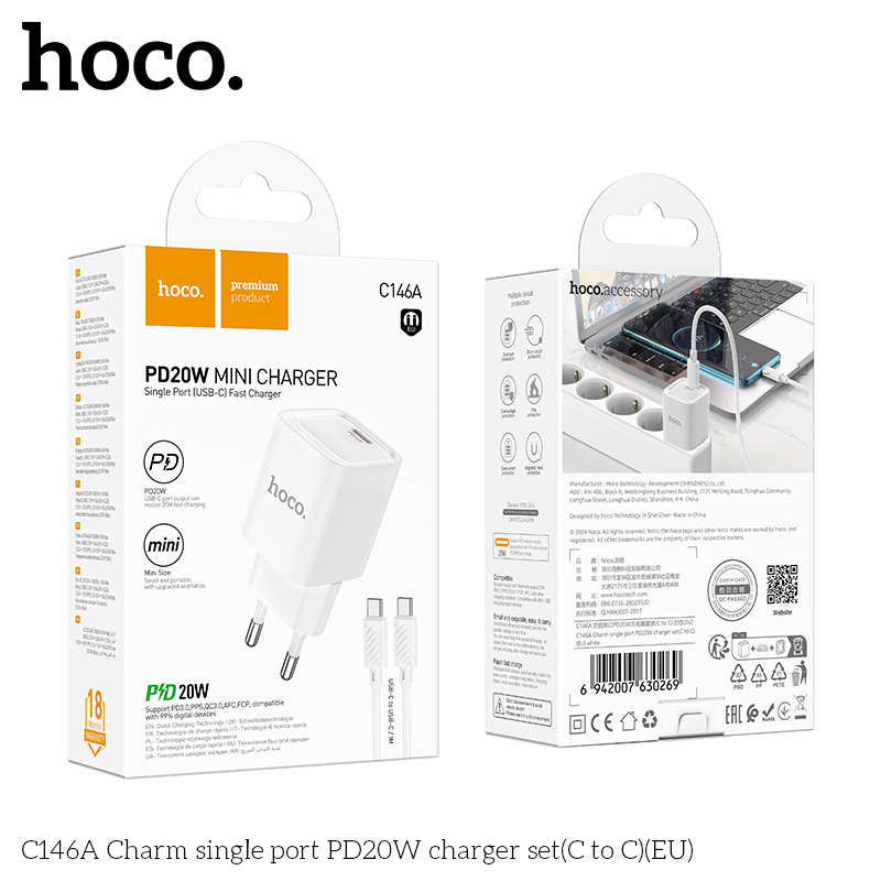 Bộ sạc nhanh 20W nhỏ gọn HOCO C146A cáp Type C ra Type C (EU) chính hãng [BH 1 NĂM]