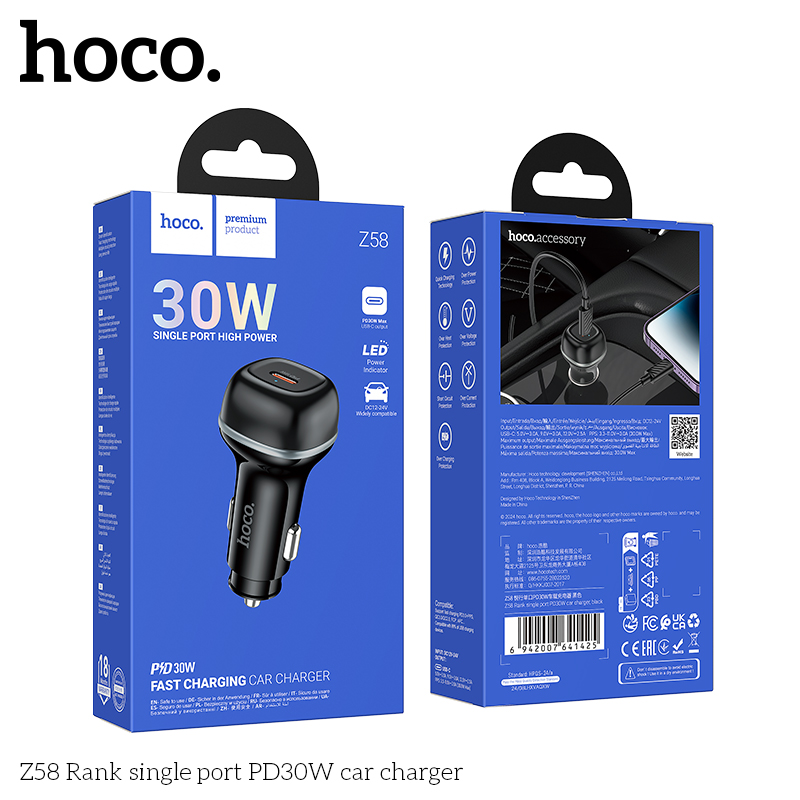 Cóc sạc nhanh xe hơi ô tô 30w HOCO Z58 Rank 1 cổng Type C chính hãng [BH 1 năm]