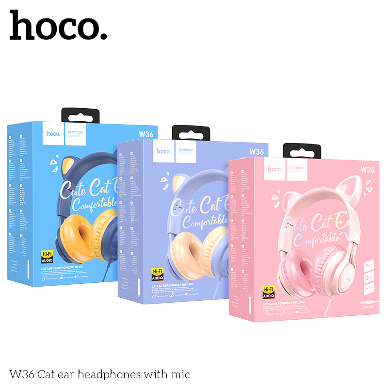 Tai nghe có dây chụp đầu hình tai mèo W36 jack 3.5mm Chính Hãng [BH 1 NĂM]
