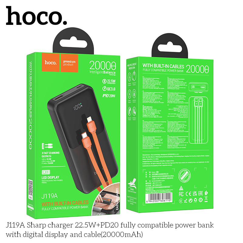 Pin sạc nhanh 22.5w HOCO J119A 20.000mAh dự phòng có màn hình kèm cáp liền pin chính hãng [BH: 1 NĂM]