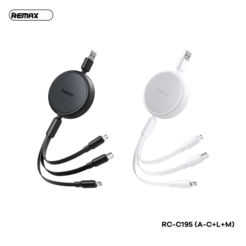 Cáp sạc nhanh 3 đầu REMAX RC-C195 3A dây rút dài 1M2 đa năng chính hãng [ BH 1 năm]