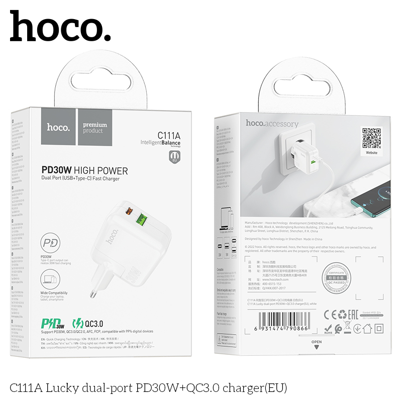 Cóc sạc nhanh 30w Hoco C111A (1 cổng Type C PD30W + 1 cổng USB QC3.0) chính hãng [BH 1 Năm]