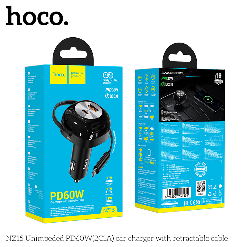 Bộ sạc nhanh 60W dây rút xe hơi Hoco NZ15 tẩu ô tô 2 cổng Type C + 1 cổng USB chính hãng  [BH 1 Năm]