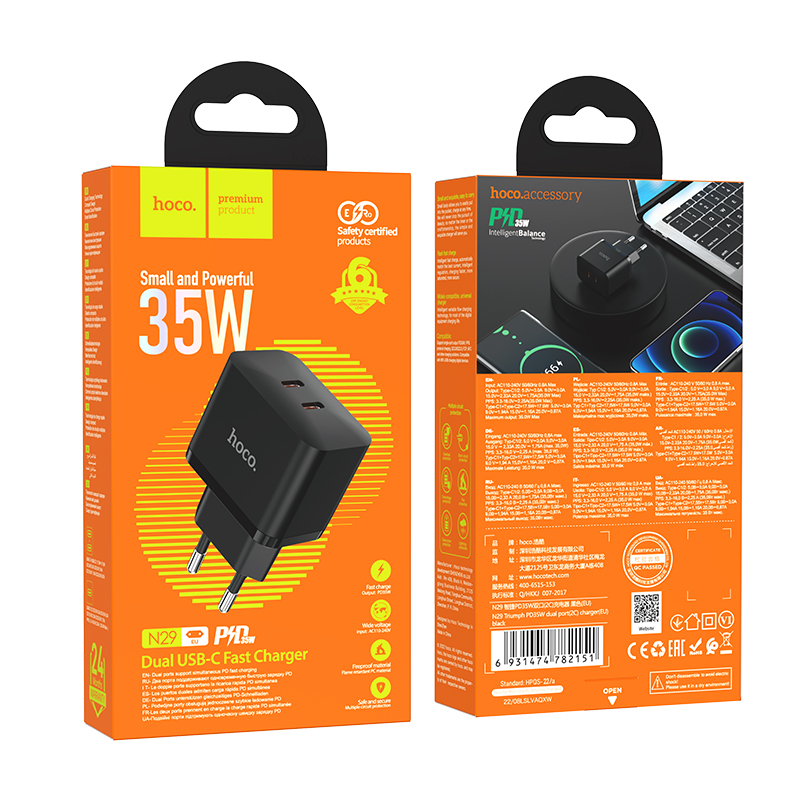 Cóc sạc nhanh 35W HOCO N29 QC3.0+PD 2 cổng Type C chính hãng [BH 1 Năm]