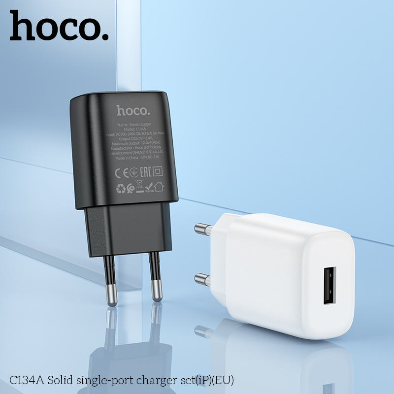 Bộ sạc 12w HOCO C134A cáp USB ra iPhone Lighting (EU) chính hãng [BH 1 Năm]