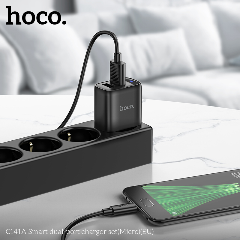 Bộ sạc HOCO C141A (Cóc 2 cổng USB, Cáp Usb ra Samsung Micro) báo đèn LED chính hãng [BH: 1 năm]
