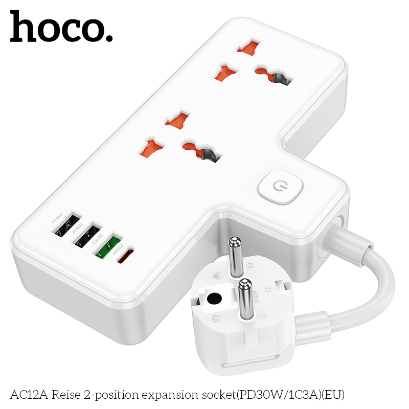 Ổ cắm điện đa năng HOCO AC12A PD30W 3 cổng USB + 1 cổng Type C cáp dài 8,5cm chính hãng [BH 1 NĂM]
