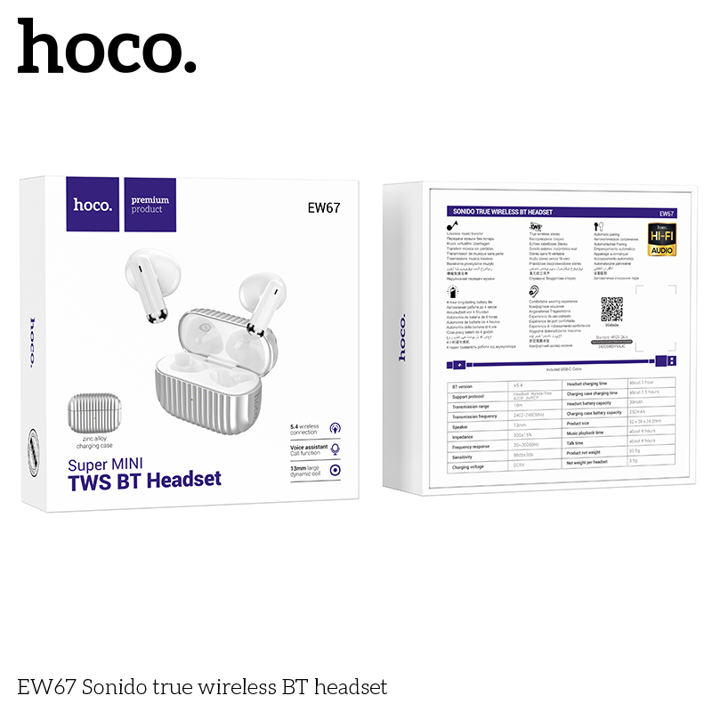 Tai nghe bluetooth V5.3 Hoco EW67, 2 tai có doc sạc thiết kế thời trang rãnh sọc, không có nút cao su [BH: 1 NĂM]