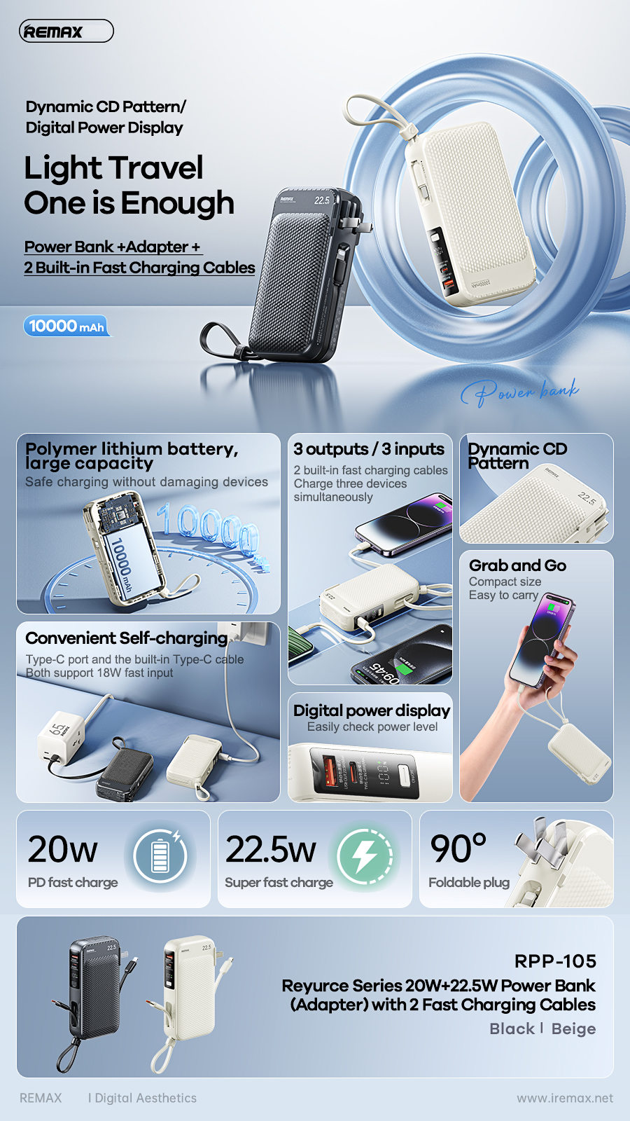 Pin sạc nhanh 22.5w REMAX RPP-105 10.000mAh dự phòng kèm cáp liền pin, sạc ổ điện chính hãng [BH 1 Năm]