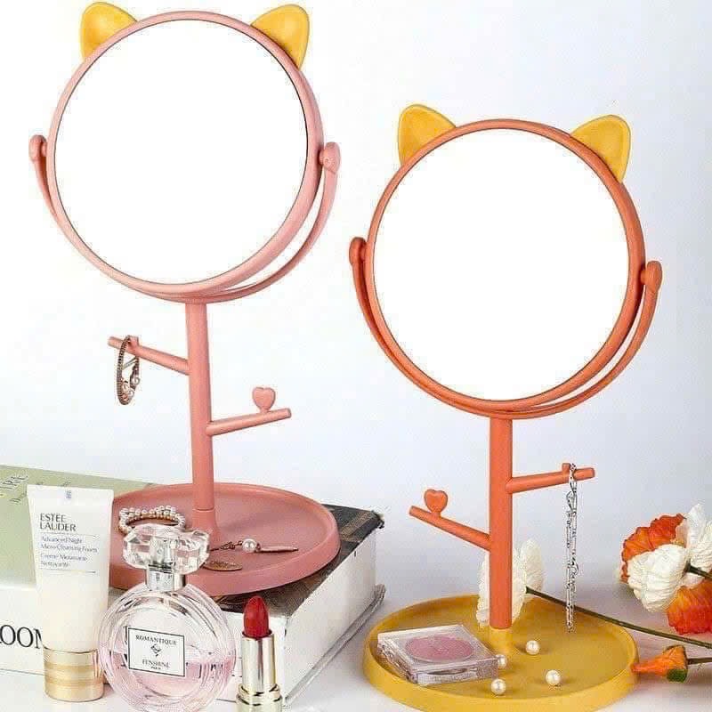 Gương tròn trang điểm để bàn tai mèo kèm thanh treo trang sức [BH: NONE]