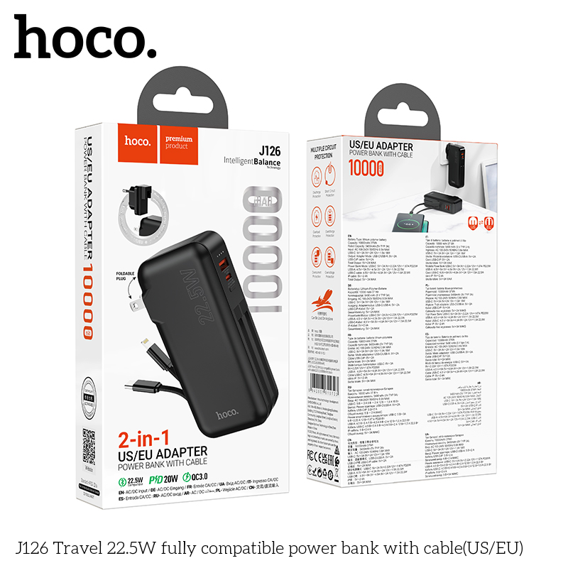 Pin sạc nhanh 22.5W Hoco J126 10.000mAh kèm cáp liền pin, có chui ghim ổ điện sạc trực tiếp chính hãng [BH 1 năm]