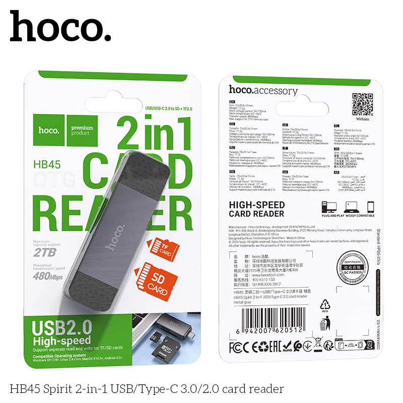 Đầu đọc thẻ nhớ HOCO HB45 2 trong 1 USB/TYPE-C (USB 2.0) chính hãng [BH 1 năm]