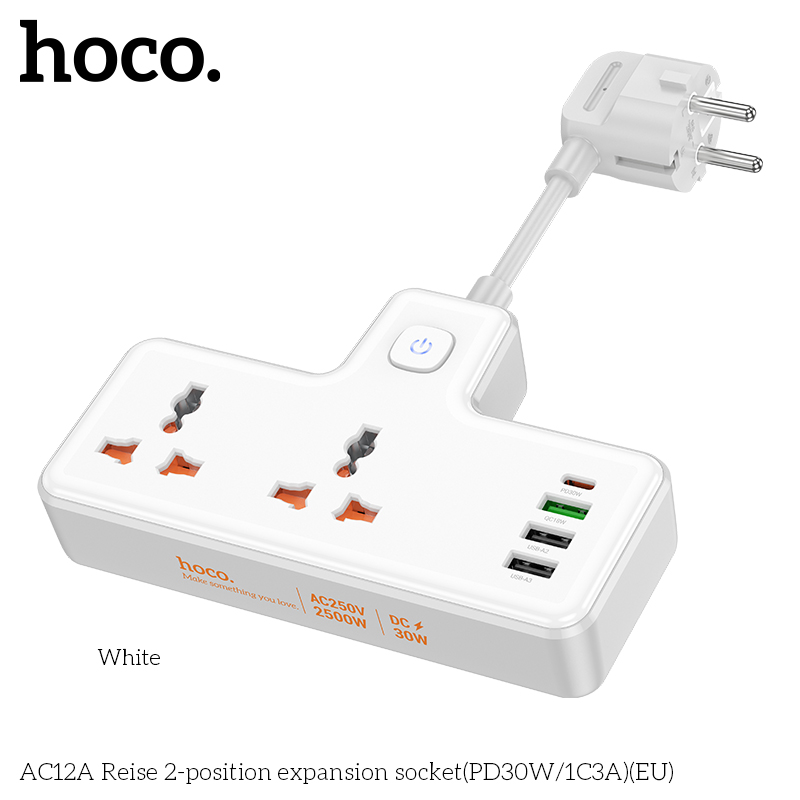 Ổ cắm điện đa năng HOCO AC12A PD30W 3 cổng USB + 1 cổng Type C cáp dài 8,5cm chính hãng [BH 1 NĂM]