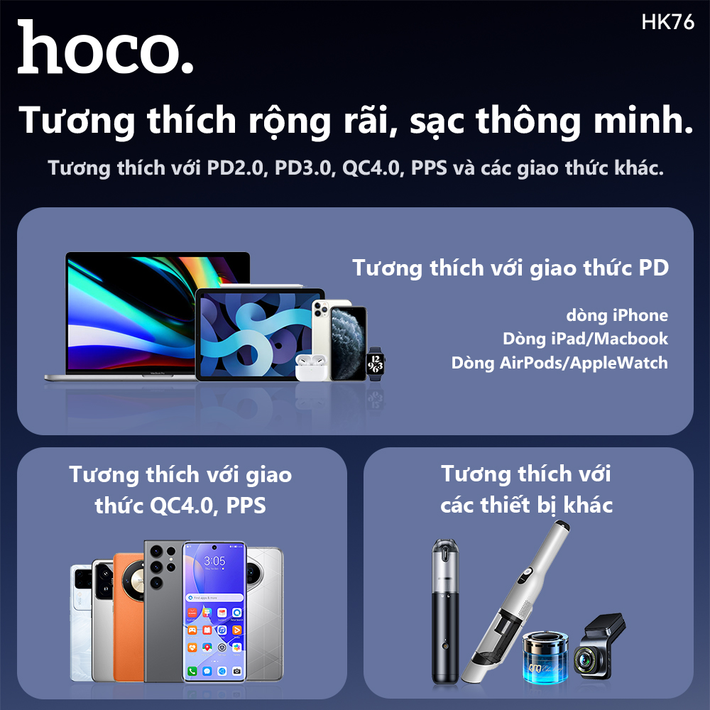 Cóc sạc nhanh xe hơi ô tô 80w HOCO HK76 Tomahawk 1 cổng Type C + 1 cổng USB kèm cáp liền chui Type C + chui iPhone chính hãng [BH 1 năm]