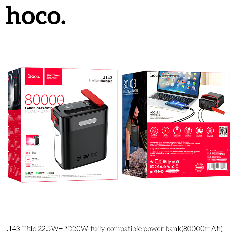 Pin sạc nhanh 22.5w+PD20W HOCO J143 80.000mAh dự phòng kiêm đèn pin phát sáng chính hãng [BH 1 Năm]