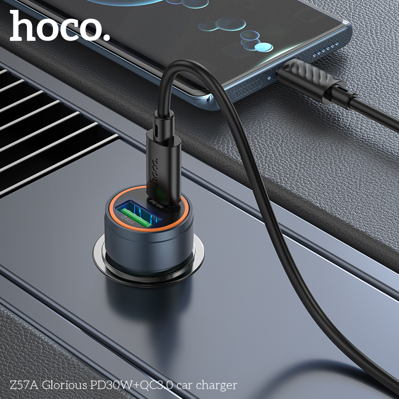 Cóc sạc nhanh xe hơi 30w HOCO Z57A (1 cổng USB, 1 cổng Type-c) chính hãng [BH 1 năm]