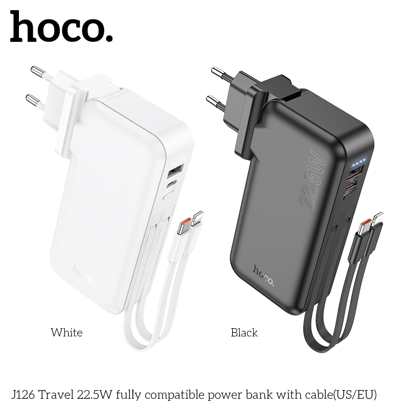 Pin sạc nhanh 22.5W Hoco J126 10.000mAh kèm cáp liền pin, có chui ghim ổ điện sạc trực tiếp chính hãng [BH 1 năm]