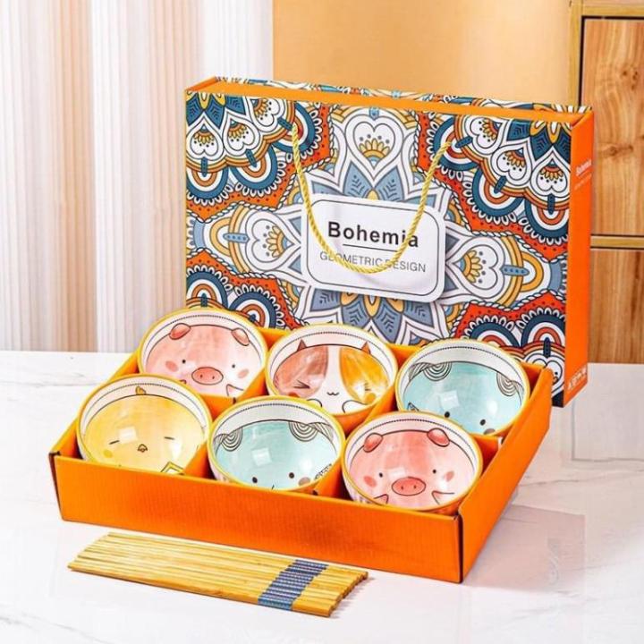 Set bộ 6 chén bát sứ cho bé hình động vật kèm đũa dễ thương [BH: NONE]