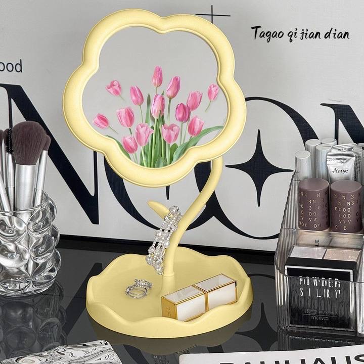Gương trang điểm để bàn 2in1 hình Bông Hoa xoay 360 độ kiêm đến đựng son, kem tiện lợi [BH: NONE]
