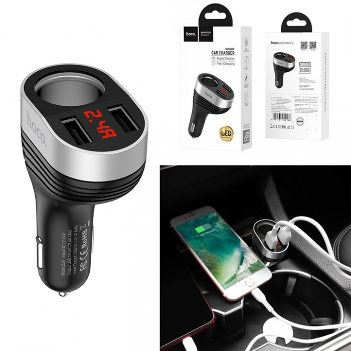 Cóc sạc nhanh xe hơi Hoco Z29 2.4A 2 cổng usb và 1 cổng tẩu sạc chính hãng có đồng hồ [BH 1 năm]