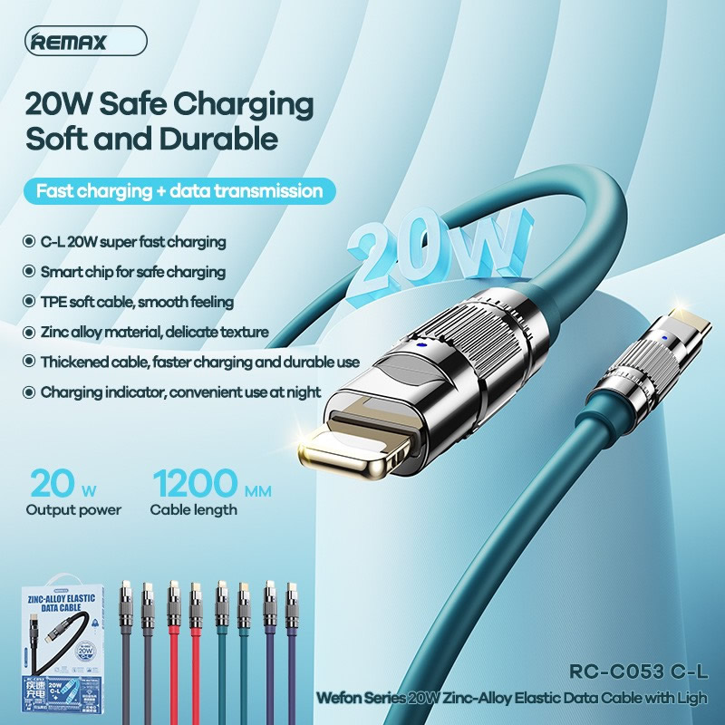 Cáp sạc nhanh 20W REMAX RC-C053 (c-l) Type C ra iPhone Lightning dây mập to chính hãng [BH 1 năm]