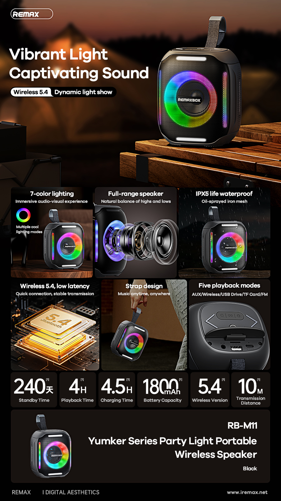 Loa bluetooth Remax RB-M11 có led pin 1800mAh, 5W,  IPX5 có AUX USB TF FM chính hãng [BH: 1 năm]