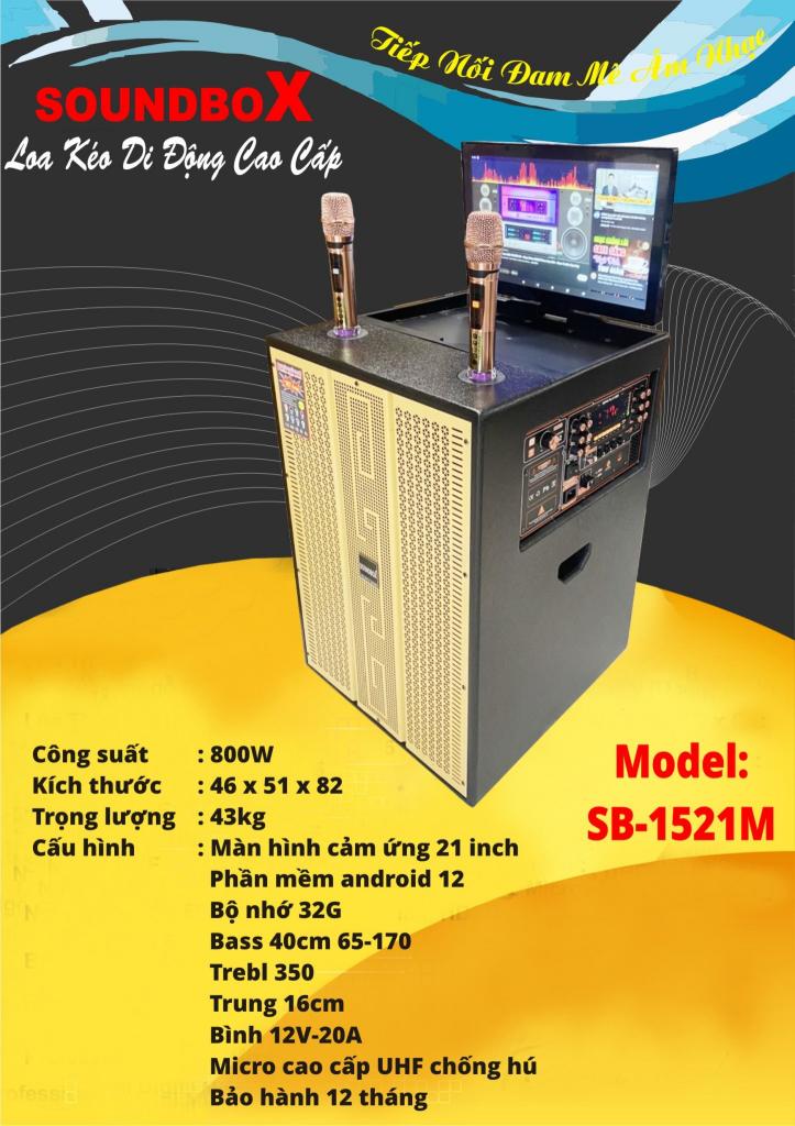 Loa kéo bluetooth karaoke SOUNDBOX SB-1521M kèm màn hình cảm ứng 21inch 2 micro UHF chống hú