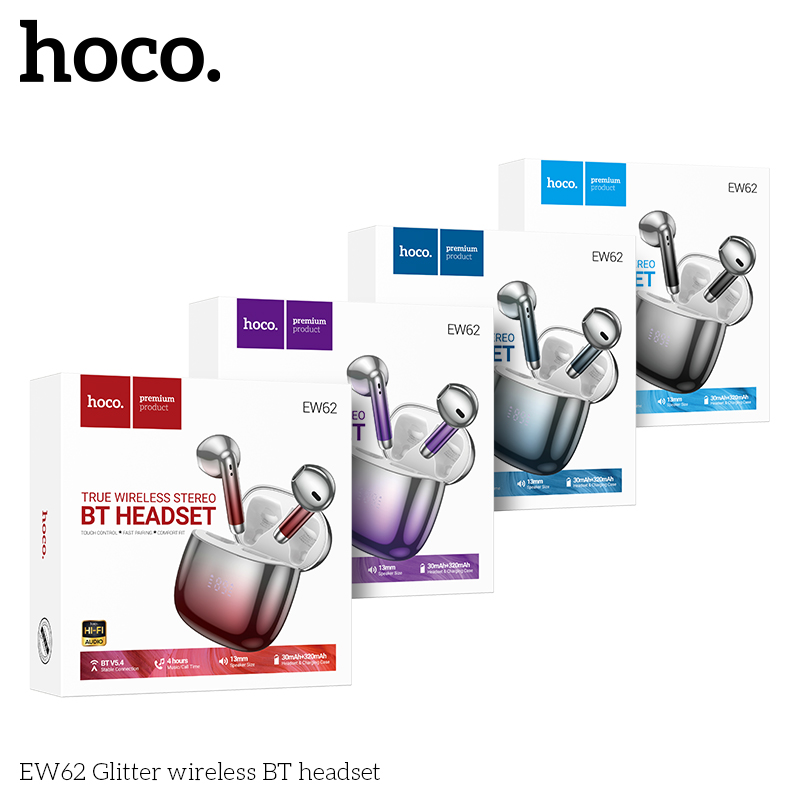 Tai nghe bluetooth V5.4  Hoco EW62 True Wireless, 2 tai có doc sạc, không có nút cao su mạ màu siêu đẹp [BH: 1 NĂM]