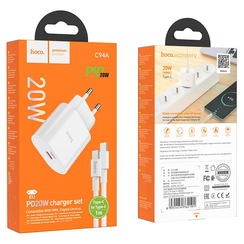 Bộ sạc nhanh 20w Hoco C94A kèm cáp Type C ra Type C (2 đầu Type-C) (cóc 1 cổng type-c) chính hãng [BH 1 năm]