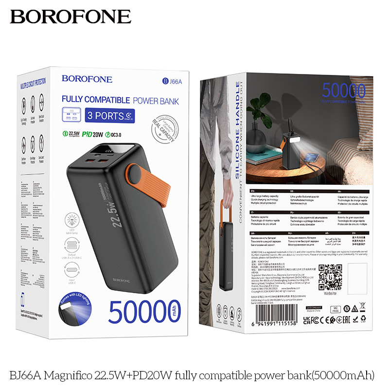Pin sạc nhanh 22.5w+PD20W BOROFONE BJ66A 50.000mAh dự phòng kiêm đèn pin phát sáng chính hãng [BH 1 Năm]