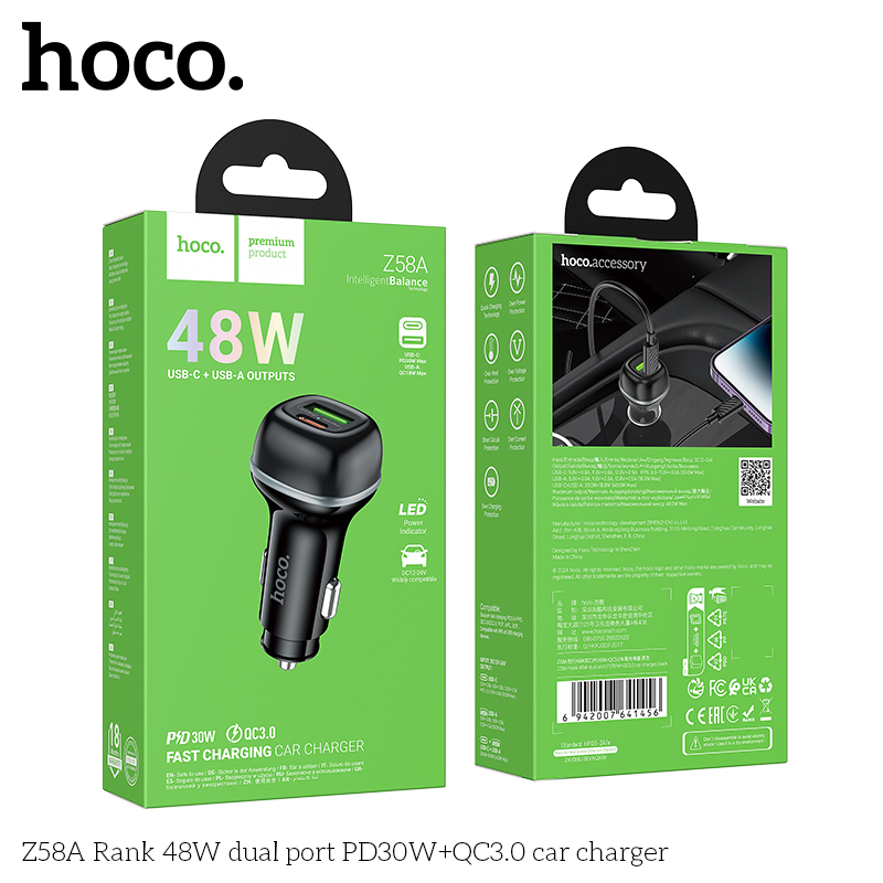 Cóc sạc nhanh xe hơi ô tô 48W cổng kép HOCO Z58A (1 cổng USB QC3.0 + 1 cổng Type C PD30W) chính hãng [BH 1 năm]