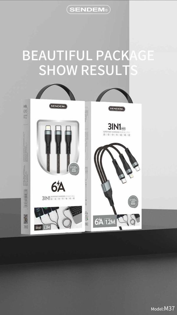 Cáp sạc nhanh 100w 3 đầu đa năng SENDEM 3in1 M37 6A 1M (1 mét) chính hãng [BH 6 tháng]