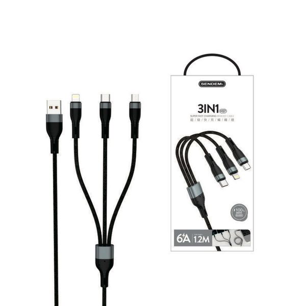 Cáp sạc nhanh 100w 3 đầu đa năng SENDEM 3in1 M37 6A 1M (1 mét) chính hãng [BH 6 tháng]