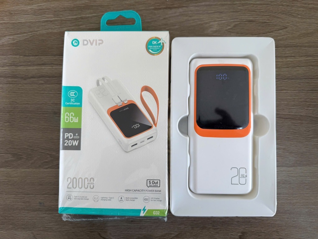 Pin sạc nhanh 66W DVIP DV-G32 20.000mAh có màn hình hiển thị % pin kèm 2 cáp liền thân, có móc treo [BH: 6 THÁNG]