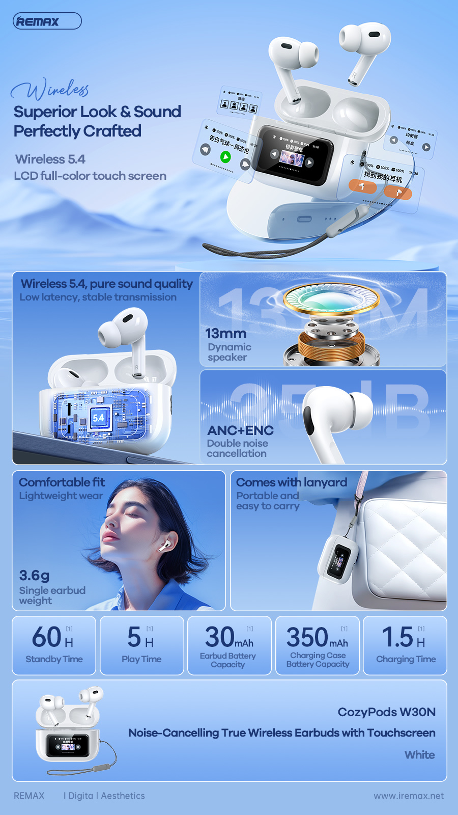 Tai nghe bluetooth REMAX COZYPODS W30N tai nghe mẫu airpods PRO2 có ANC+ENC kèm màn hình trên dock sạc [Bh 1 Năm]