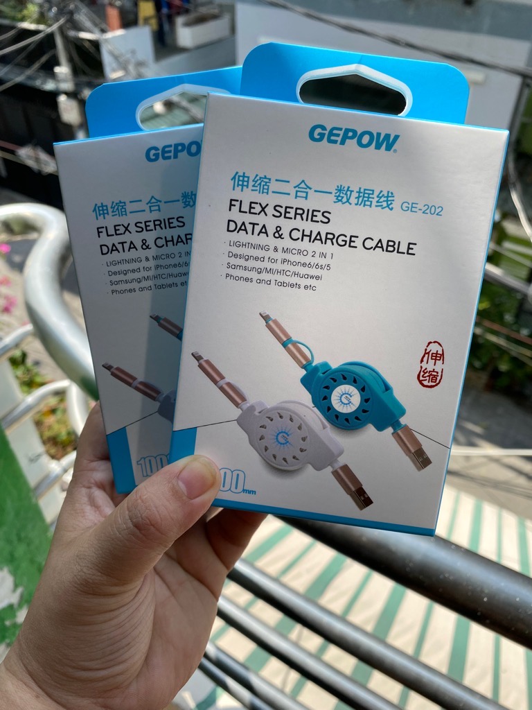 Cáp sạc dây rút Gepow 2 đầu nối đa năng Usb ra iPhone vs Samsung Micro full box (BH 1 tháng) / pktn sale