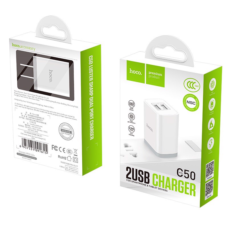 Cóc sạc nhanh 2 cổng usb HOCO C50 2.1A chính hãng [BH 1 năm]