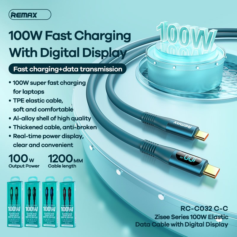 Cáp sạc nhanh 100w REMAX RC-C032 Type C ra Type C PD có màn hình led LCD báo dòng chính hãng (cáp 2 đầu type-c) [BH 1 Năm]