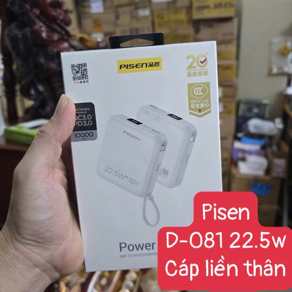 Pin sạc nhanh 22.5W PISEN D-081 dung lượng 10.000mAh có màn hình hiển thị % pin, móc treo kèm cáp liền thân [BH: 1 NĂM]