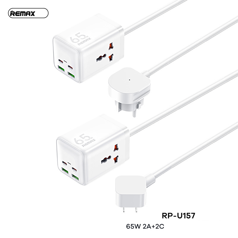 Ổ cắm điện sạc nhanh 65W REMAX RP-U157 US (2 cổng USB + 2 cổng Type C + 2 lỗ cắm 2500w) dây dài 1.5m chính hãng [BH 1 năm]