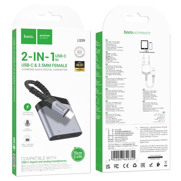 Cáp chuyển HOCO LS39 jack Type-C ra 3.5 + Type-c chính hãng [BH 1 năm]