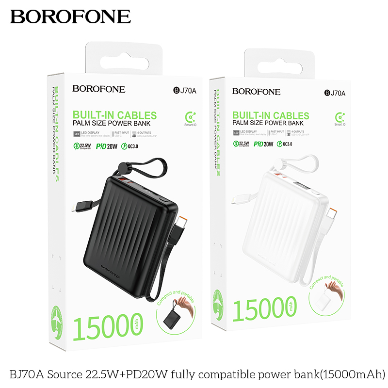 Pin sạc nhanh 22.5w+PD20W BOROFONE BJ70A 15.000mAh sạc dự phòng kèm cáp liền pin chui Type C + chui iPhone có màn hình LED chính hãng [BH 1 năm]