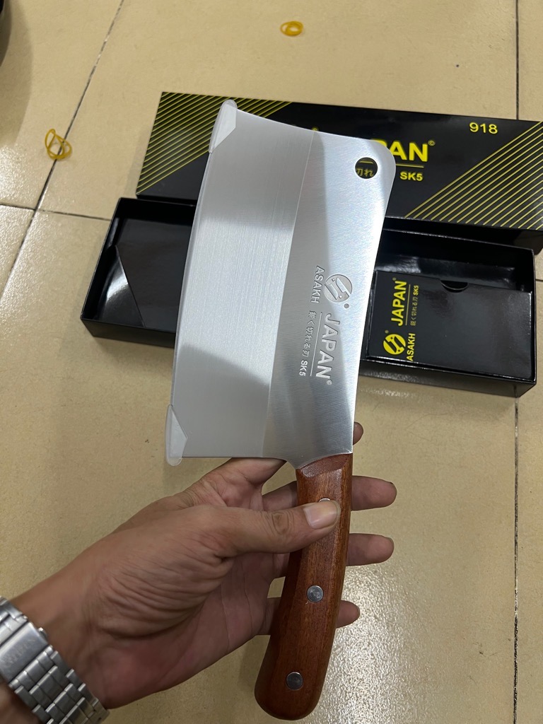 Dao chặt xương, chặt gà, chặt dừa nhà bếp đa năng Nhật Asakh SK5 918 cán gỗ, lỗ tròn treo dao Japan