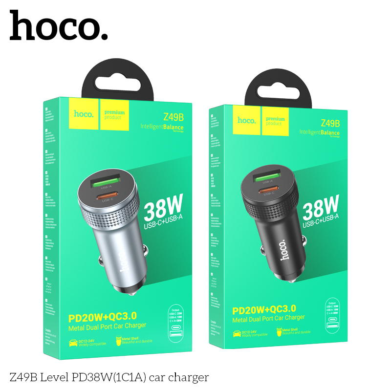 Cóc sạc nhanh 38W xe hơi HOCO Z49B (1 cổng Usb QC3.0 và 1 cổng Type C PD20W) chính hãng [BH 1 năm]