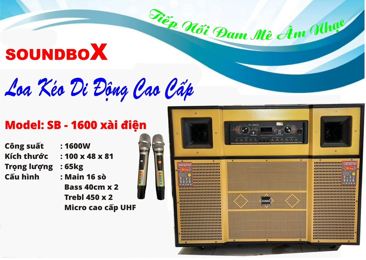 Loa kéo điện SoundBox SB-1600 2 bass 40 main liền vang 16 sò bluetooth kèm 2 micro không dây hát karaoke [BH 1 năm]